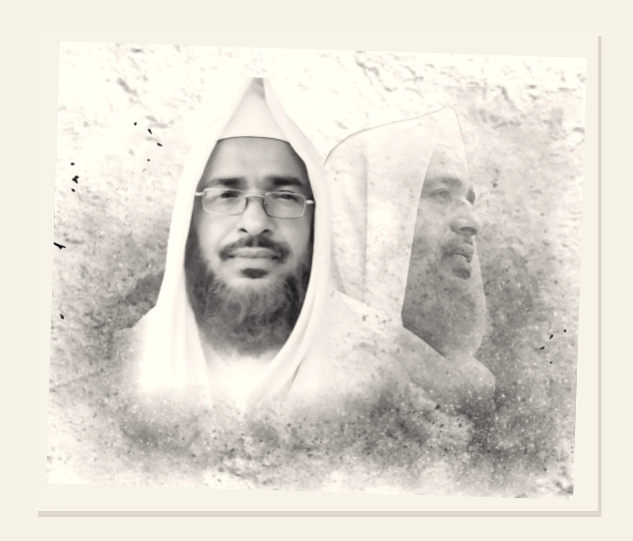 A commemorative sepia double-exposure portrait of the late Dr. Nawab Hasan Nadwi, with a clear frontal portrait and a faded right-facing profile.