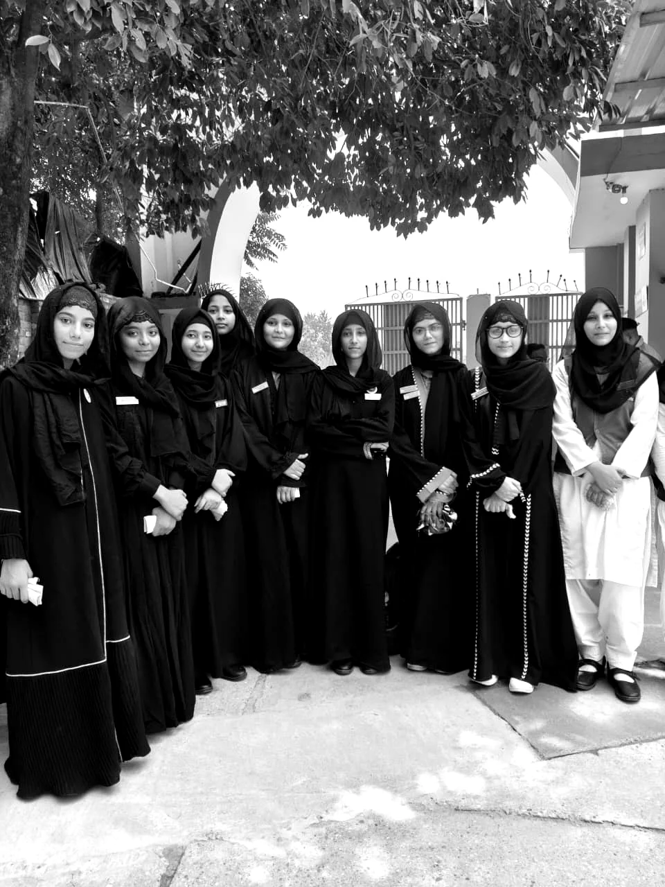 A group of students gathered outdoors at school.