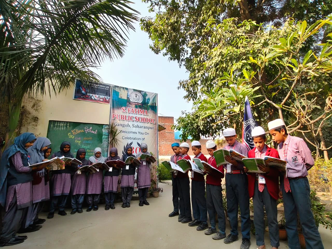 Students assembled outdoors for a school event.
